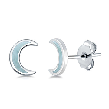 Half Moon Stud Earrings Natural Larimar 925 Sterling Silver (7.5mm)